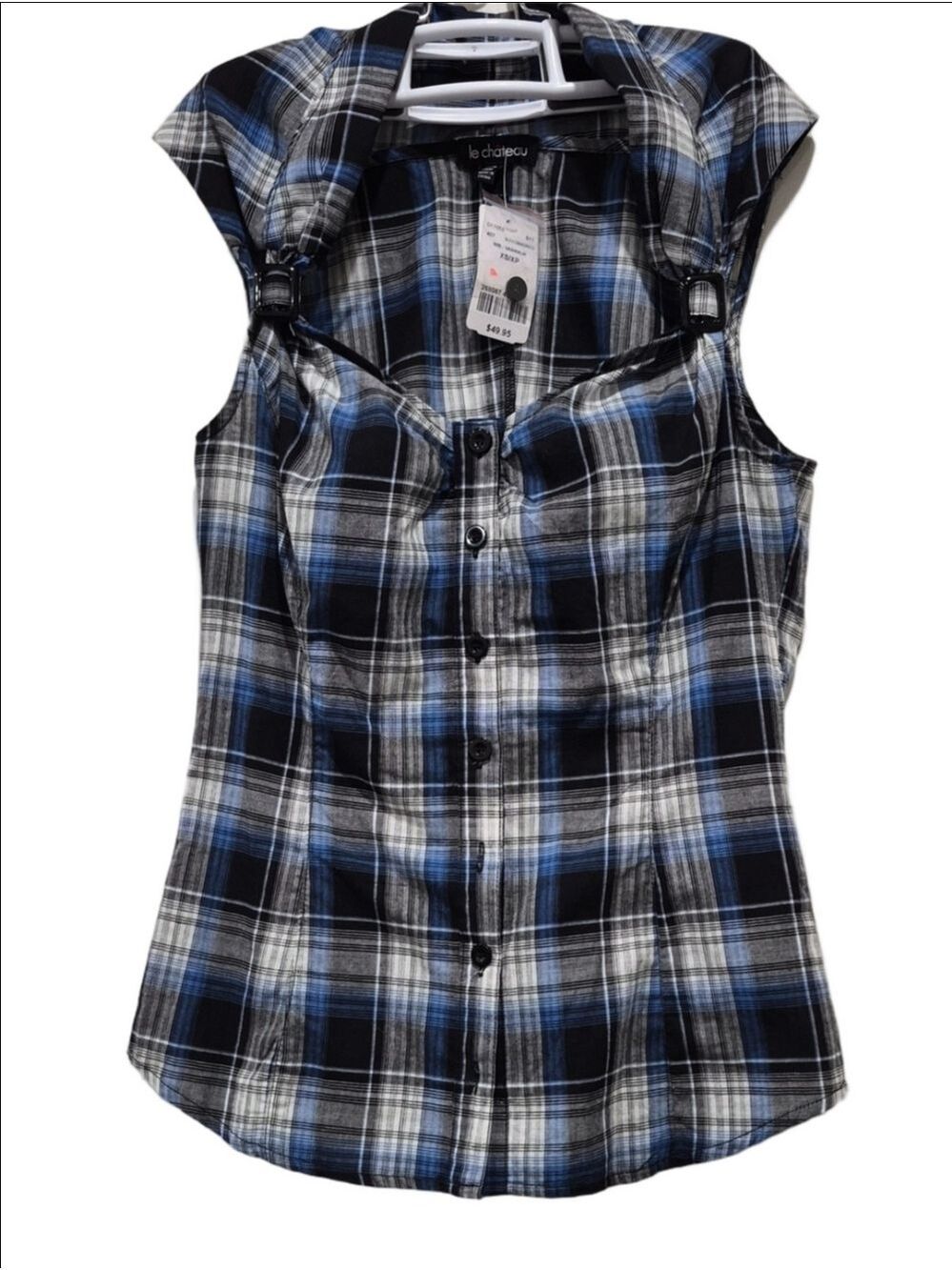 Le Château Blue, White & Gray Plaid Sweetheart Neck Top – NWT